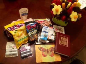 A care package from my cousin and aunt, and an awesome edible arrangement from my friends Dale and Sharon!
