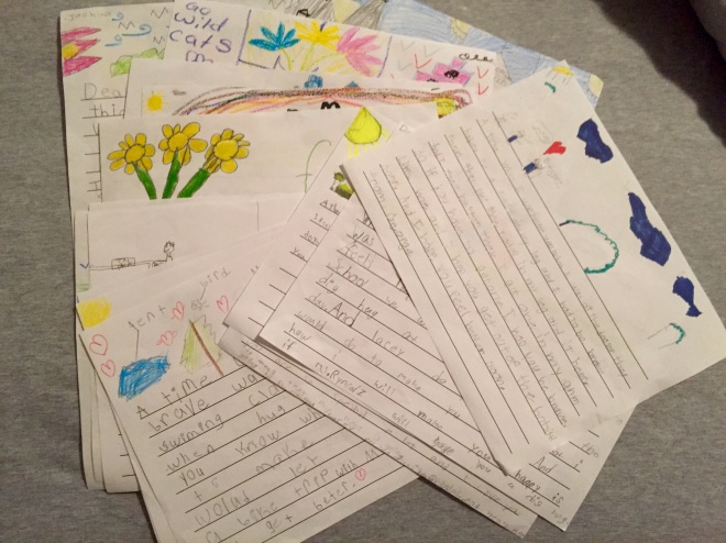 One of the girls in my bible study is a 2nd grade teacher and her super sweet students wrote all of these letters of encouragement, telling me stories of when they had courage to inspire me to have courage while in the hospital. It meant so much to me that they worked that had and it brought tears to my eyes! 